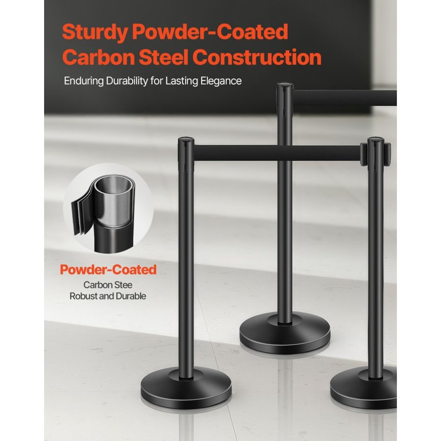 VEVOR Stanchion Post, 4 Pcs Crowd Control Barrier with 4 Retractable Belts, Carbon Steel Black Stanchion Post Queue with Sand Injection Hollow Base for Theaters, Parties, Weddings, Exhibitions, Black