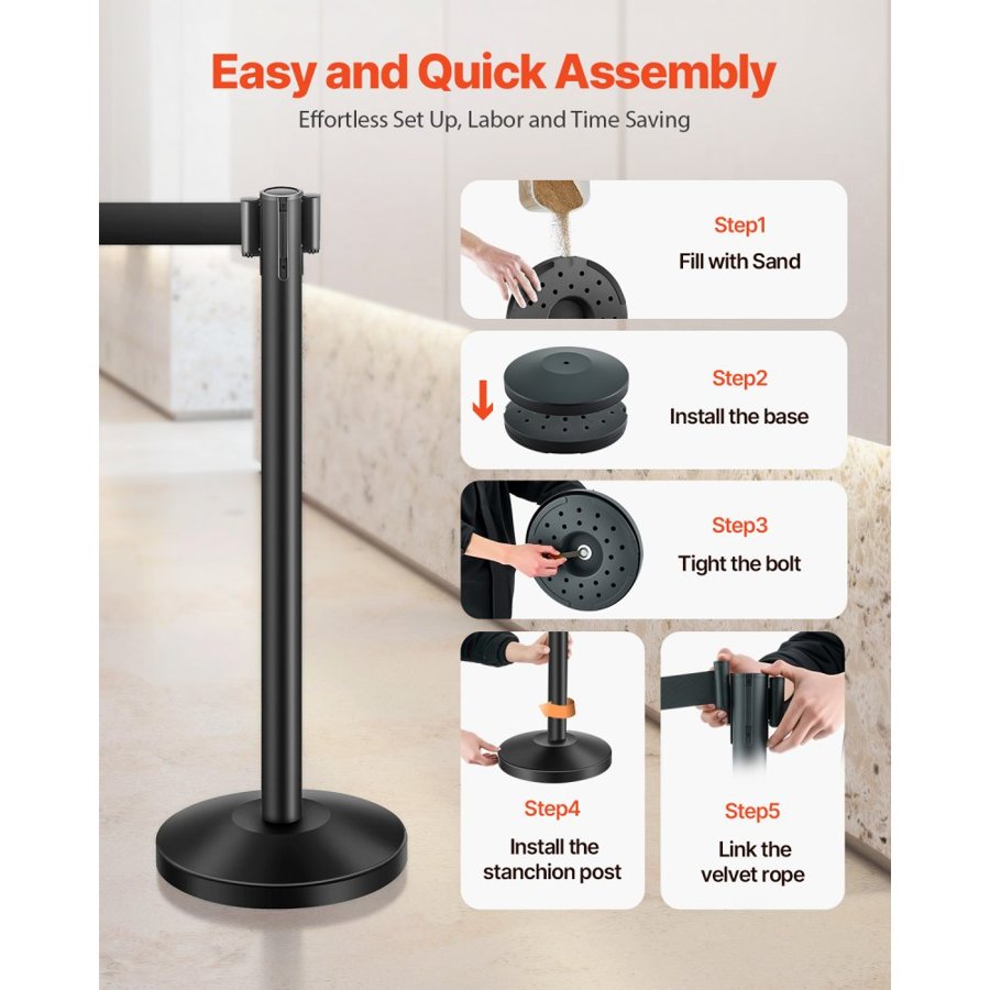 VEVOR Stanchion Post, 4 Pcs Crowd Control Barrier with 4 Retractable Belts, Carbon Steel Black Stanchion Post Queue with Sand Injection Hollow Base for Theaters, Parties, Weddings, Exhibitions, Black