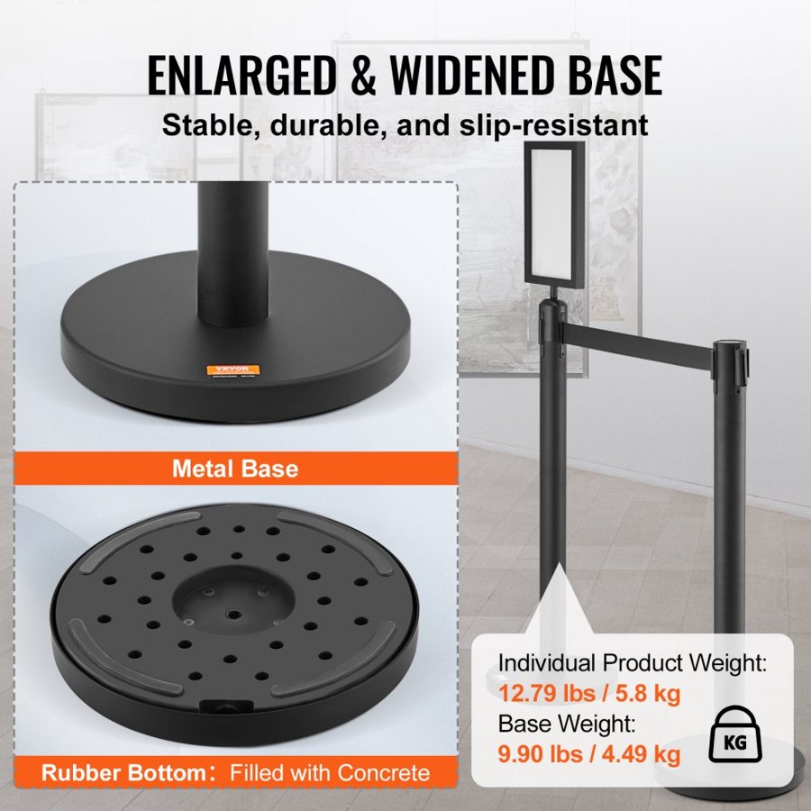 VEVOR Crowd Control Stanchions, 6-Pack Crowd Control Barriers, Carbon Steel Baking Painted Stanchion Queue Post with Sign Holder & 3PCS 6.5FT Retractable Belt, Belt Barrier Line Divider, Easy Assembly