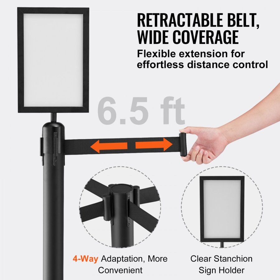 VEVOR Crowd Control Stanchions, 6-Pack Crowd Control Barriers, Carbon Steel Baking Painted Stanchion Queue Post with Sign Holder & 3PCS 6.5FT Retractable Belt, Belt Barrier Line Divider, Easy Assembly