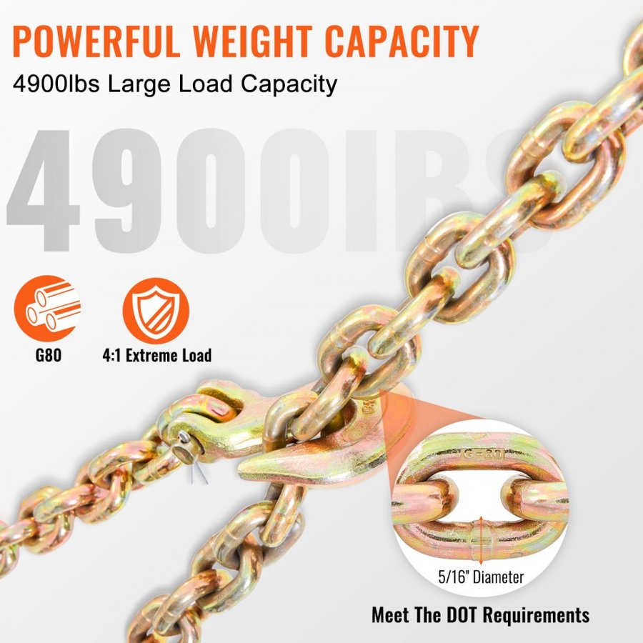 VEVOR Transport Binder Chain, 2222.27 kg Working Load Limit, 7.94 mm x 6.10 m G80 Tow Chain Tie Down with Grab Hooks, DOT Certified, Galvanized Coating Manganese Steel for Dock Factory Construction Site