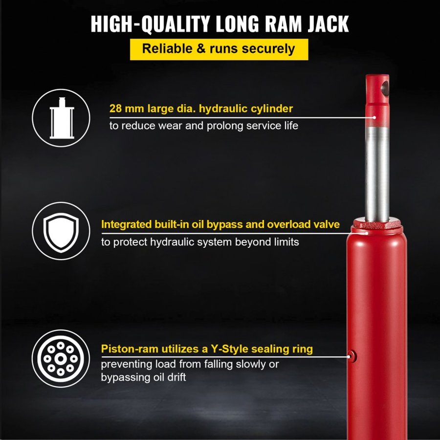 VEVOR Hydraulic Long Ram Jack, 4 Tons/8818 lbs Capacity, with Single Piston Pump and Flat Base, Manual Cherry Picker with Handle, for Garage/Shop Cranes, Engine Lift Hoist, Red