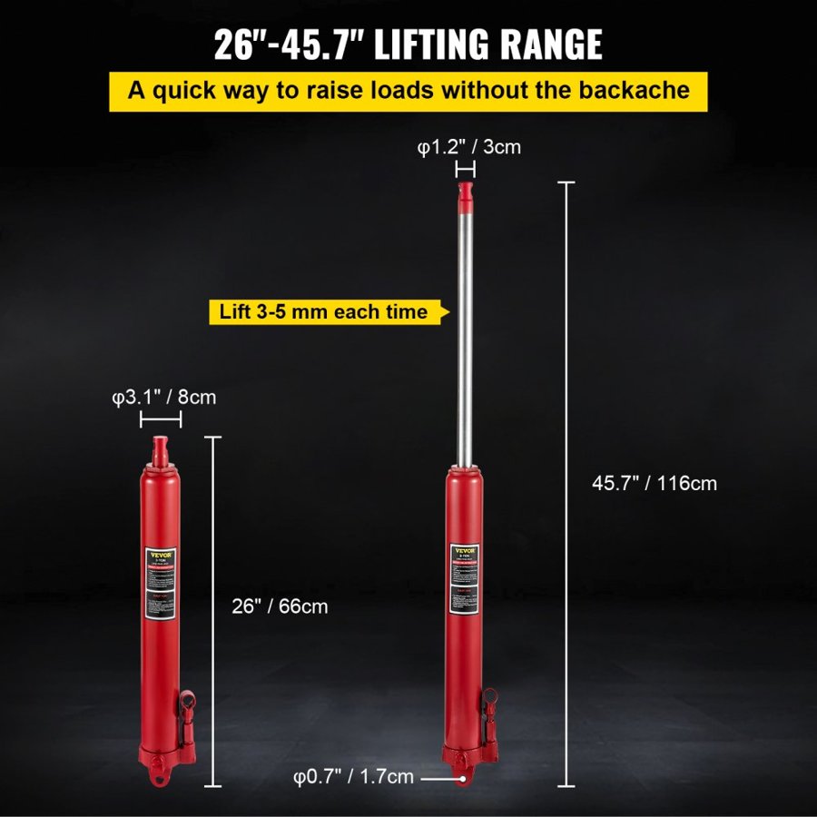 VEVOR Hydraulic Long Ram Jack, 8 Tons/17363 lbs Capacity, with Single Piston Pump and Clevis Base, Manual Cherry Picker with Handle, for Garage/Shop Cranes, Engine Lift Hoist, Red