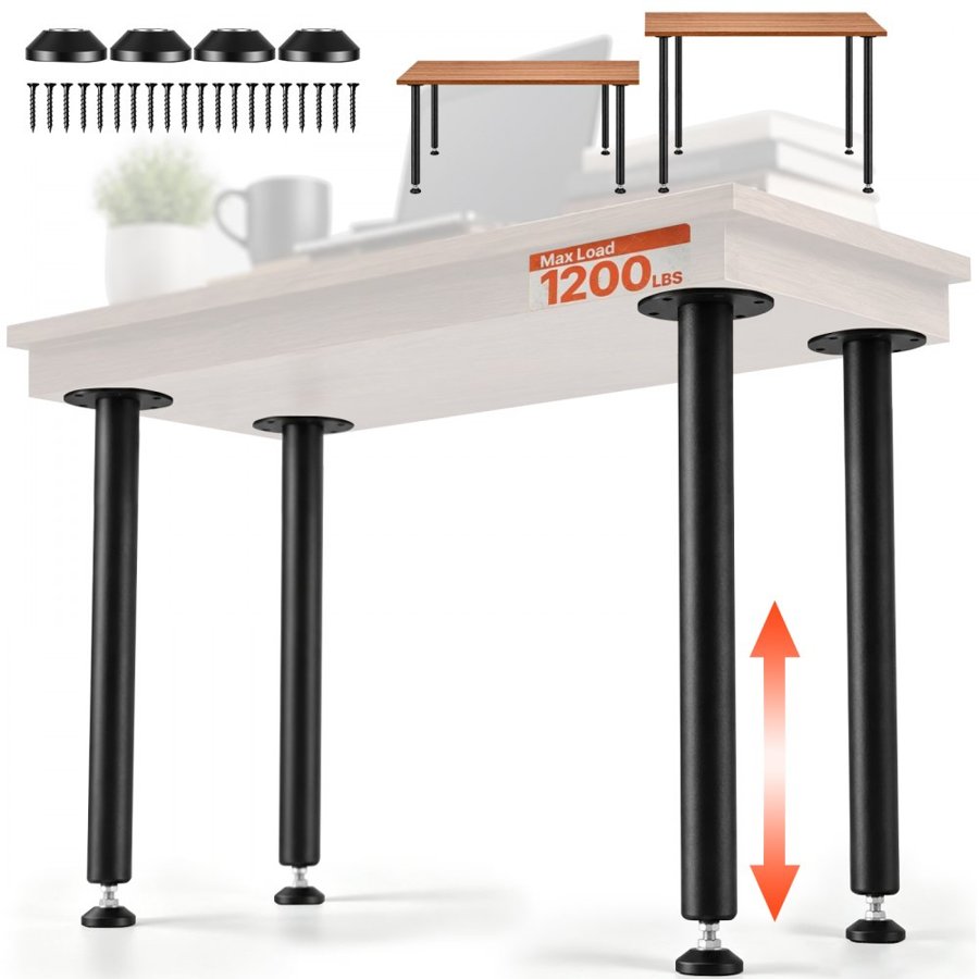 VEVOR 711.2MM Adjustable Desk Legs, Reinforced Steel Office Table Furniture legs Set of 4 for DIY, 544.3KG Load Capacity Heavy Duty Desk Legs, Quick Instalation Legs with Adjustable Foot Cup Black