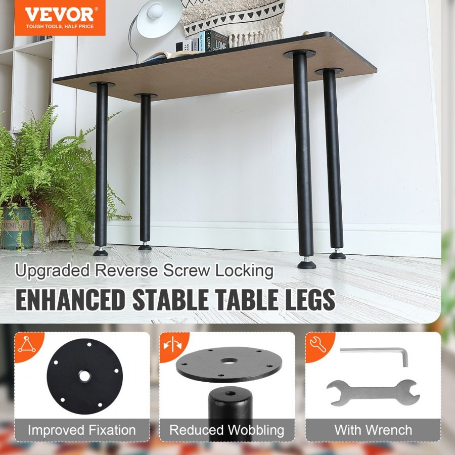 VEVOR 711.2MM Adjustable Desk Legs, Reinforced Steel Office Table Furniture legs Set of 4 for DIY, 544.3KG Load Capacity Heavy Duty Desk Legs, Quick Instalation Legs with Adjustable Foot Cup Black