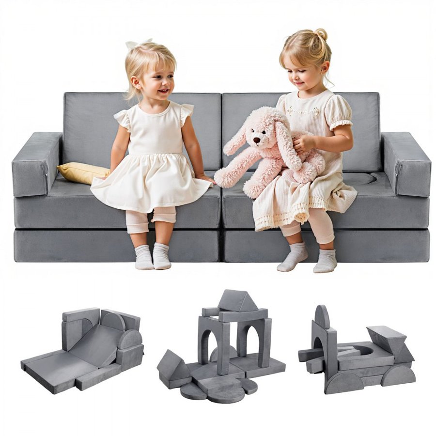 VEVOR Modular Kids Play Couch, Sectional Toddler Sofa with Armrests, 28D Sponge & Short Pile, Convertible Kids Modular Couch DIY Creative Combination for Playroom, Bedroom, Living Room, 14 Pcs, Gray