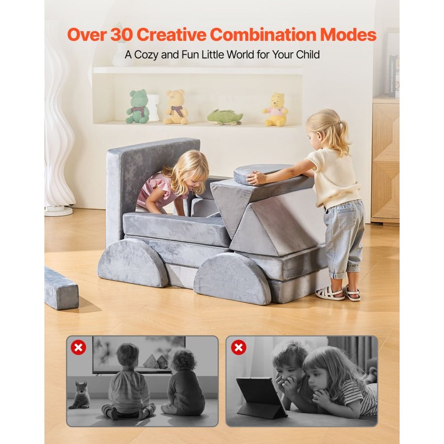 VEVOR Modular Kids Play Couch, Sectional Toddler Sofa with Armrests, 28D Sponge & Short Pile, Convertible Kids Modular Couch DIY Creative Combination for Playroom, Bedroom, Living Room, 14 Pcs, Gray