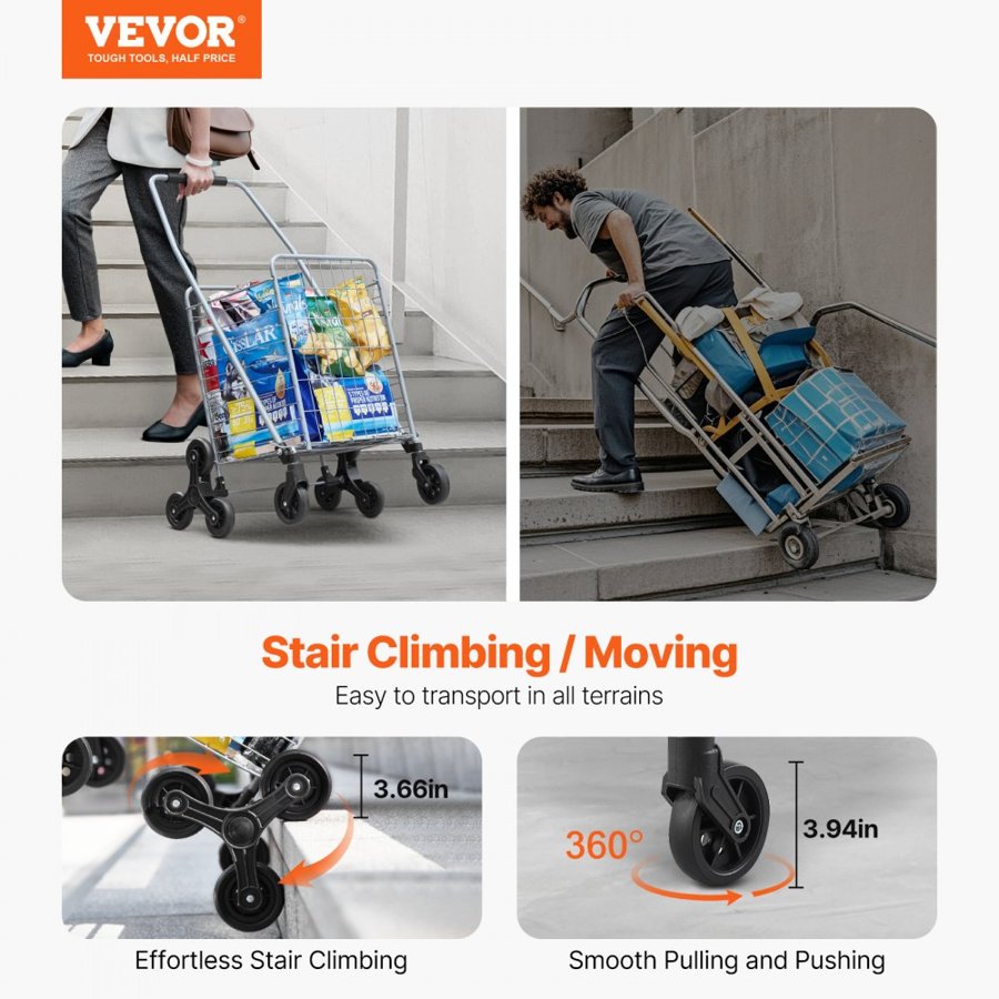 VEVOR Stair Climbing Shopping Cart – 45L, 88 lbs, Foldable