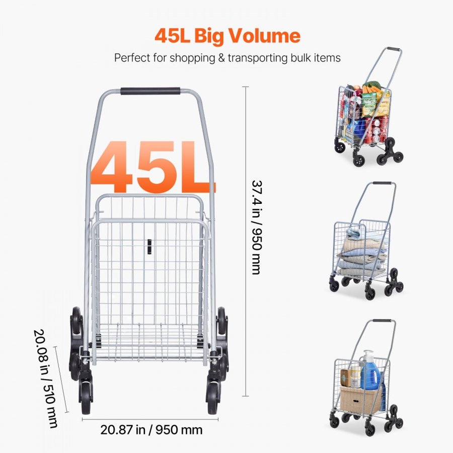 VEVOR Stair Climbing Shopping Cart – 45L, 88 lbs, Foldable