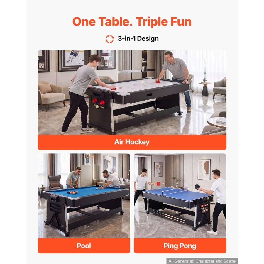 VEVOR 3-in-1 Combo Game Table Set 2.2m Air Hockey Ping-Pong Billiard Table, Space-Saving for Family Game Room Entertainment, Multi Combination Arcade Hockey Table, Complete Accessory Set Included
