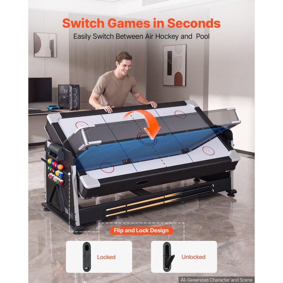 VEVOR 3-in-1 Combo Game Table Set 2.2m Air Hockey Ping-Pong Billiard Table, Space-Saving for Family Game Room Entertainment, Multi Combination Arcade Hockey Table, Complete Accessory Set Included