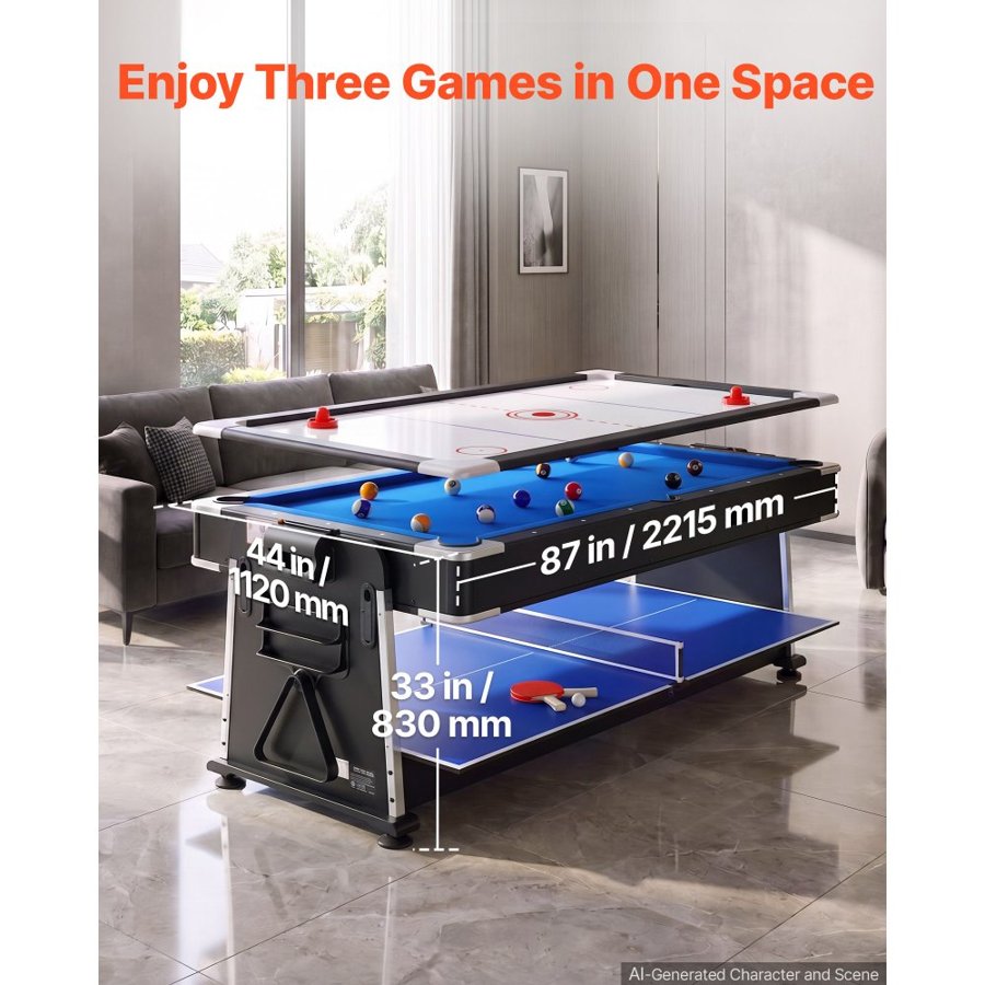 VEVOR 3-in-1 Combo Game Table Set 2.2m Air Hockey Ping-Pong Billiard Table, Space-Saving for Family Game Room Entertainment, Multi Combination Arcade Hockey Table, Complete Accessory Set Included