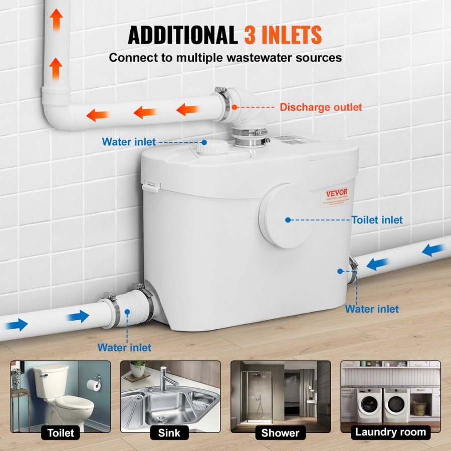 VEVOR Macerating Toilet System with Powerful 700W Macerator Pump, Rear Discharge and Upflush Toilet For Basement, Dual Flush Water Disposal, Macerating Toilet System Kit with 3-Inlet, Space Saving