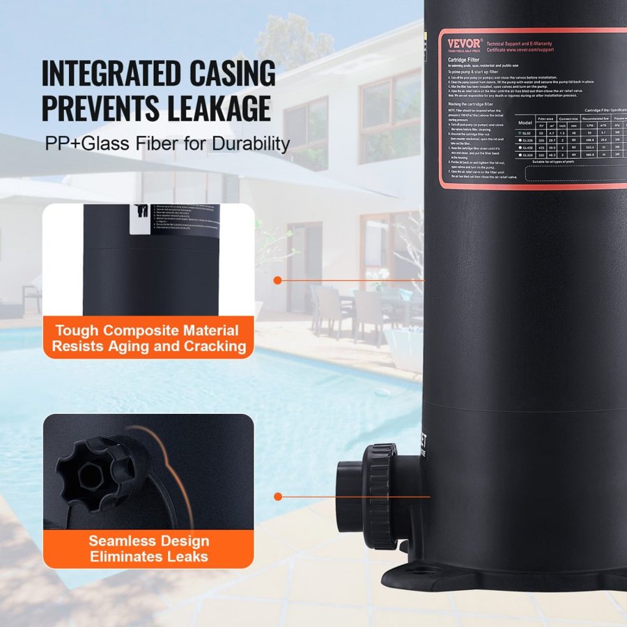 VEVOR Cartridge Pool Filter, 4.6 Sq.m Filter Area Inground Pool Filter, Above Ground Swimming Pool Filtration Filter System with Upgrade Filter &Leak-proof Casing, for Hot Tubs, Spa, Inflatable Pool