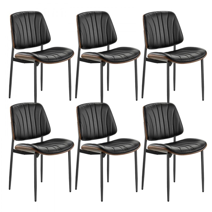 VEVOR Modern Dining Room Accent Chairs Set of 6, Upholstered Leather Side Chair for Dining Tables, Space-Saving Kitchen Table Chair with Thick Cushions and Metal Legs, Black