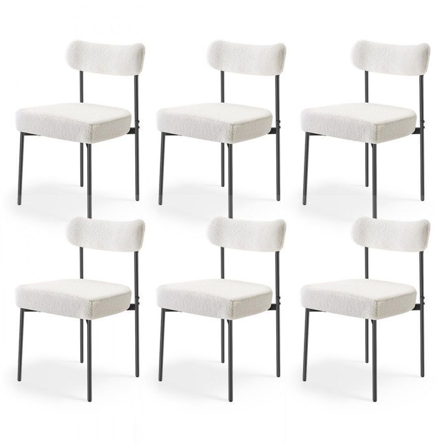 VEVOR Boucle Dining Chairs Set of 6, Mid Century Modern Sherpa Accent Chairs, Upholstered Side Chair for Dining Table, Space-Saving White Kitchen Table Chair with Curved Backrest and Black Metal Legs