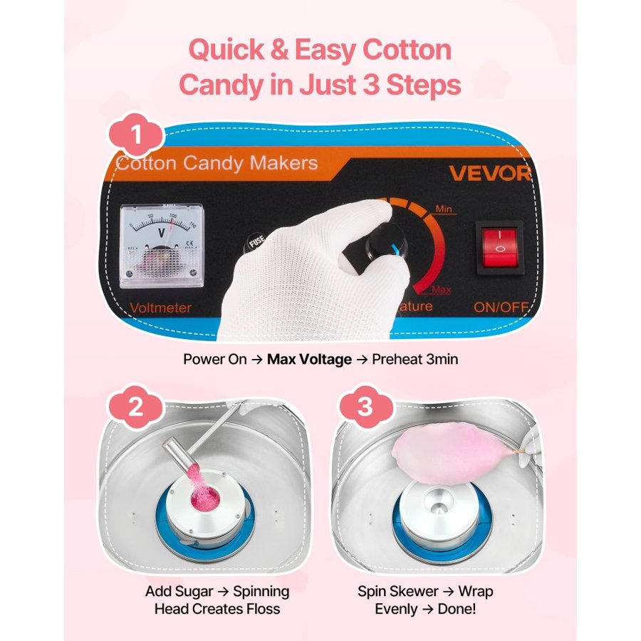 VEVOR Electric Cotton Candy Machine, 1000W Commercial Floss Maker With Cover, Commercial Cotton Candy Machine w/Stainless Steel Bowl & Sugar Scoop, Ideal for Carnival, Birthday, Family Party, Blue