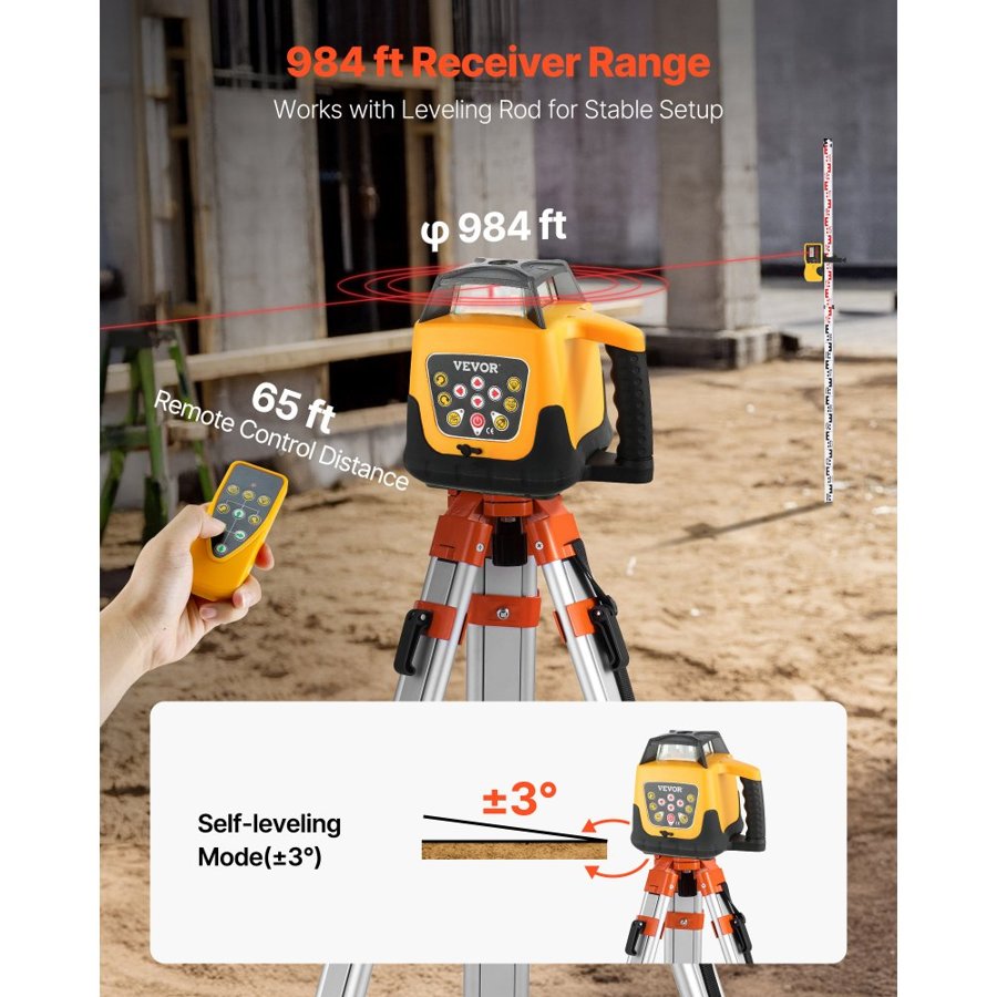 VEVOR 360 Rotary Laser Level Kit – 984 ft, IP54, Remote