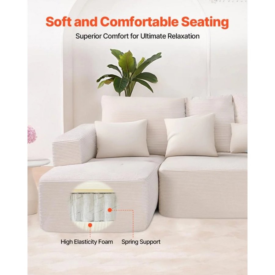 VEVOR Modular Sectional Sofa, L Shaped Modular Sofa with Chaise, Cloud Sectional Couch with High Rebound Sponge and Density, Upholstered Corduroy Couch with Cushion for Living Room, Apartment, Beige