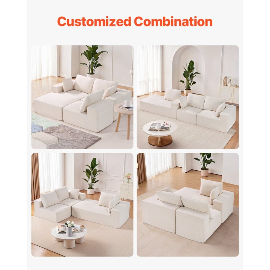VEVOR Modular Sectional Sofa, L Shaped Modular Sofa with Chaise, Cloud Sectional Couch with High Rebound Sponge and Density, Upholstered Corduroy Couch with Cushion for Living Room, Apartment, Beige