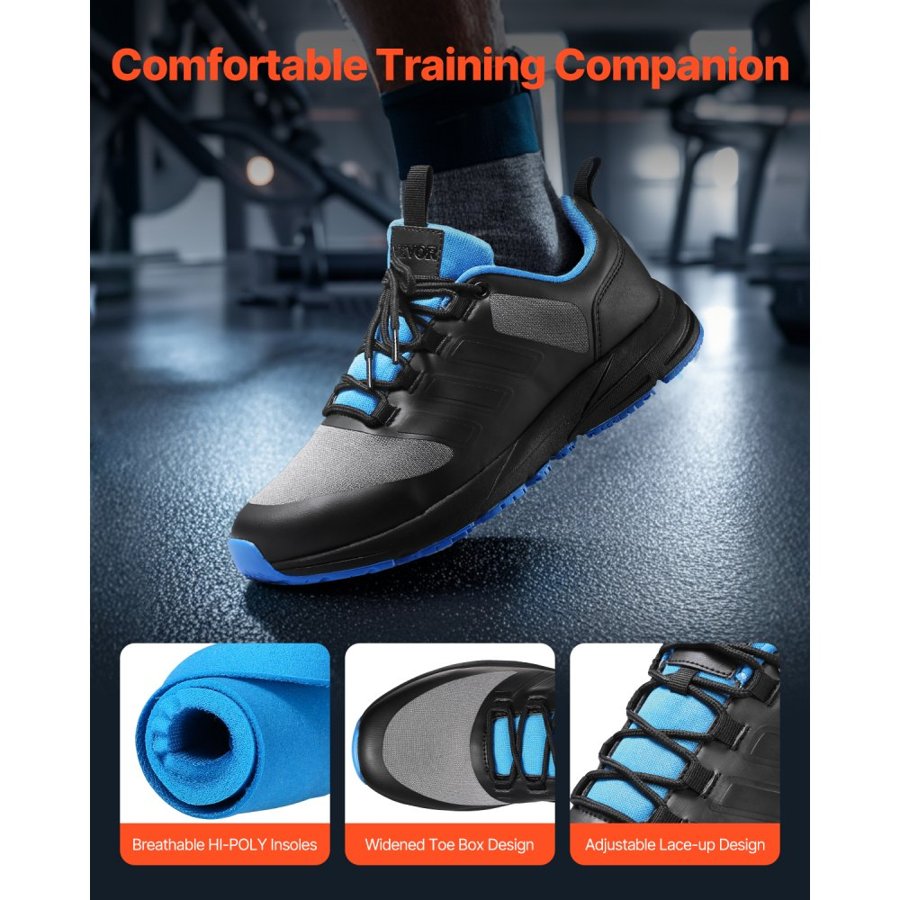 VEVOR Cross Training Shoes, M Width Sneakers UK Size 11, Wide Toe Box Shoes with Arch Support & Adjustable Lace-up, Training Shoes for Running, Gymnastics, Dog Walking, and Weightlifting (Black)