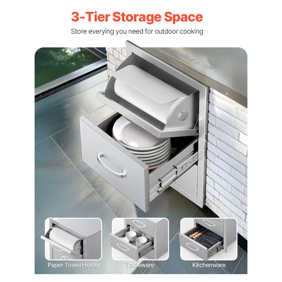 VEVOR Outdoor Kitchen Drawers, 16.5"W x 29"H x 20.5"D Triple Access Drawers, Stainless Steel Flush Mount Cabinets, BBQ Island Drawers Storage with Paper Towel Holder & Handle, for Patio Grill Station