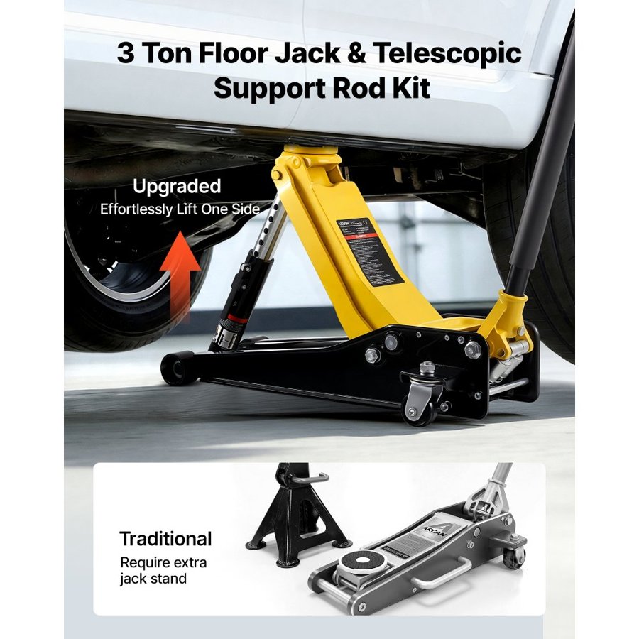 VEVOR 3 Ton Low Profile Floor Jack – 75–500 mm, Dual Piston