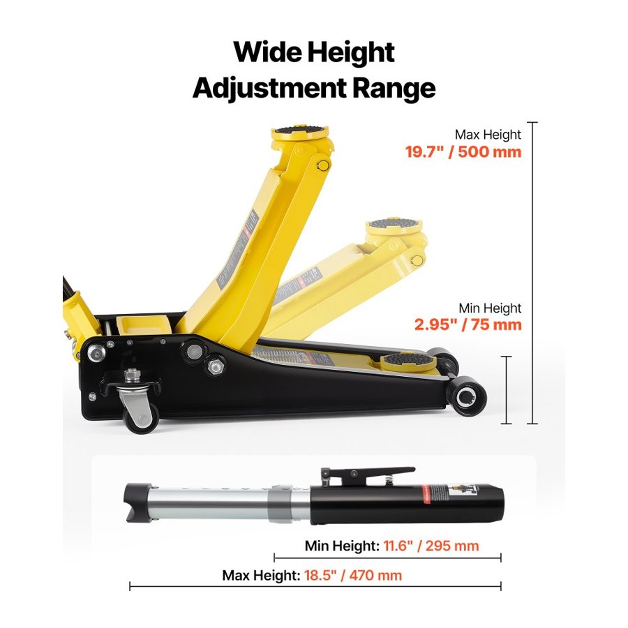 VEVOR 3 Ton Low Profile Floor Jack – 75–500 mm, Dual Piston