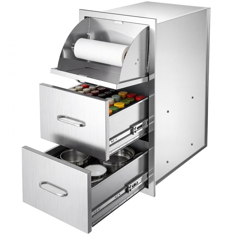 VEVOR Outdoor Kitchen Drawers, 76.1 x 52.1 x 40.65 cm (WxHxD), Roll Holder, for BBQ Island Storage, Patio Bars and Grill Station, with Handle, Built-In BBQ Island Drawers Organize Cookware Accessories
