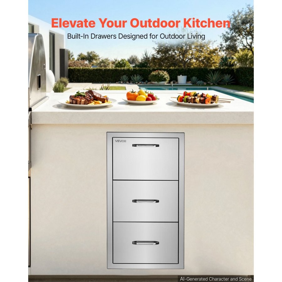 VEVOR Outdoor Kitchen Drawers, 76.1 x 52.1 x 40.65 cm (WxHxD), Roll Holder, for BBQ Island Storage, Patio Bars and Grill Station, with Handle, Built-In BBQ Island Drawers Organize Cookware Accessories
