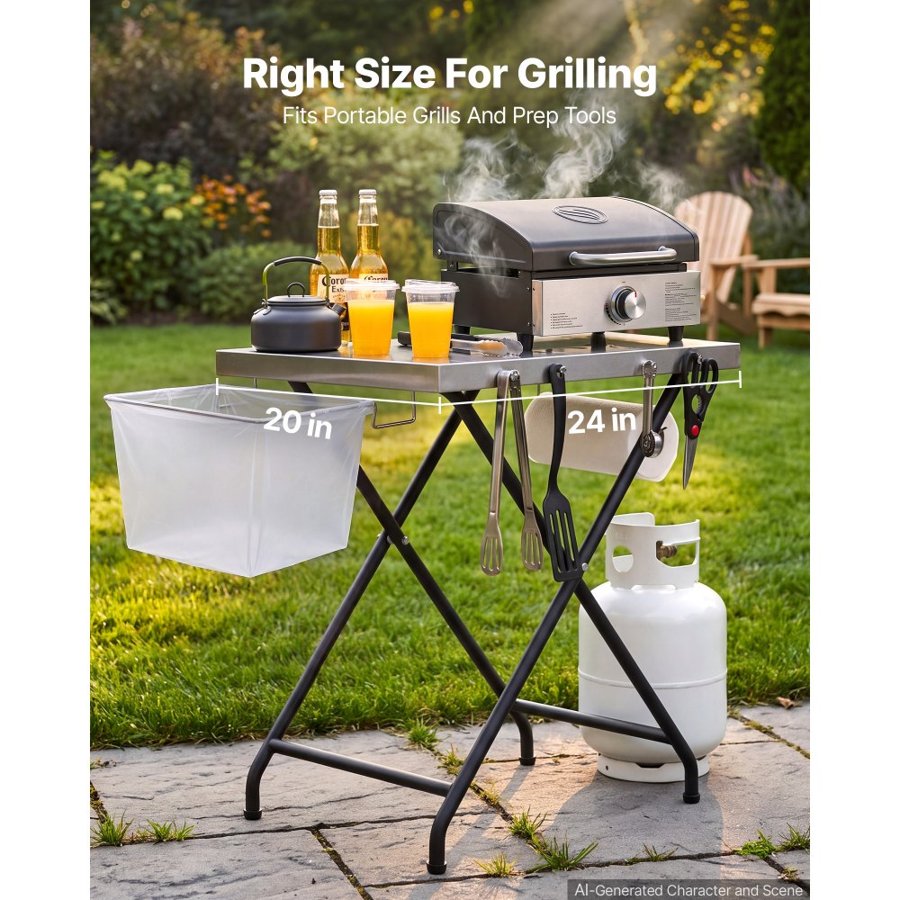 VEVOR Folding Grill Table 61x51 cm Camping Prep Tables Carbon Steel Tabletop, Lightweight & Compact for Picnic BBQ Tailgating, 32 kg Capacity, Outdoor Pizza Oven Stand with Garage Rack, Tissue Holder