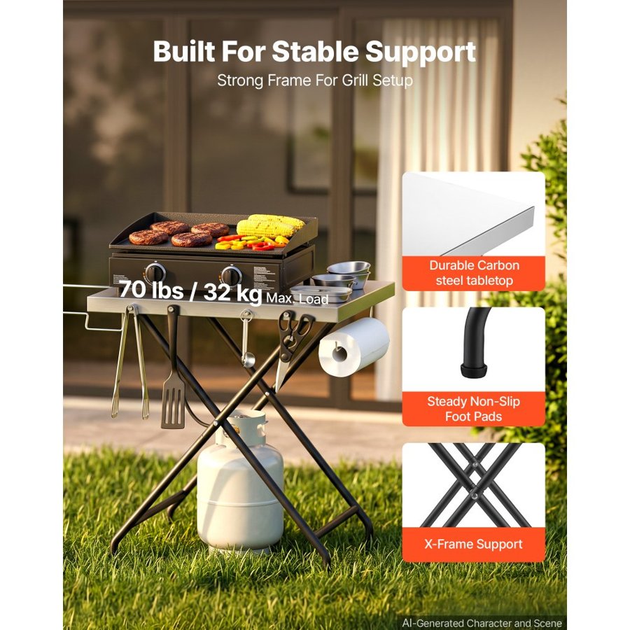 VEVOR Folding Grill Table 61x51 cm Camping Prep Tables Carbon Steel Tabletop, Lightweight & Compact for Picnic BBQ Tailgating, 32 kg Capacity, Outdoor Pizza Oven Stand with Garage Rack, Tissue Holder