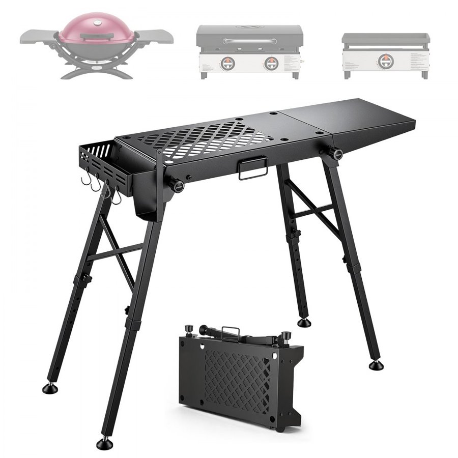VEVOR Folding Grill Table 104x30 cm Camping Griddle Stand Fit 43 & 56 cm, for Picnic BBQ Tailgating, Carbon Steel, Adjustable Height, 158 kg Capacity, Outdoor Cart with Seasoning Basket, Side Shelf