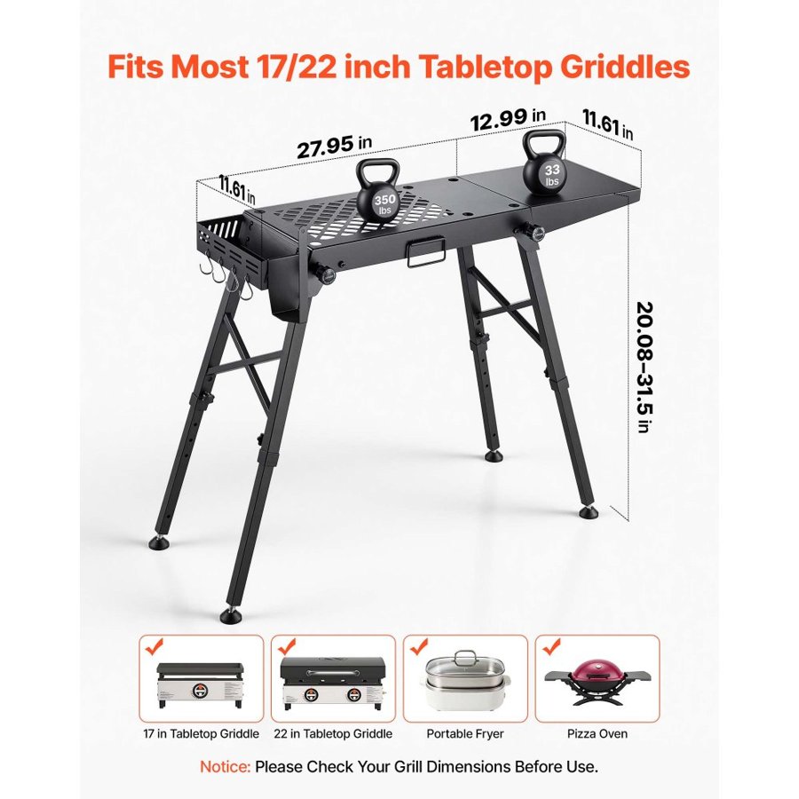 VEVOR Folding Grill Table 104x30 cm Camping Griddle Stand Fit 43 & 56 cm, for Picnic BBQ Tailgating, Carbon Steel, Adjustable Height, 158 kg Capacity, Outdoor Cart with Seasoning Basket, Side Shelf