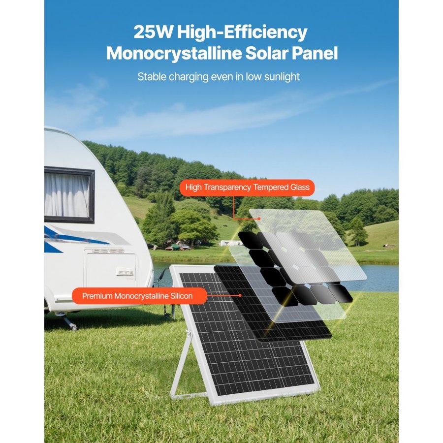 VEVOR 25W 12V Solar Panel Battery Charger, Solar Battery Trickle Charger Maintainer with Intelligent MPPT Controller & Adjustable Mount Bracket, IP67 Waterproof for Car Boat RV Motorcycle Trailer