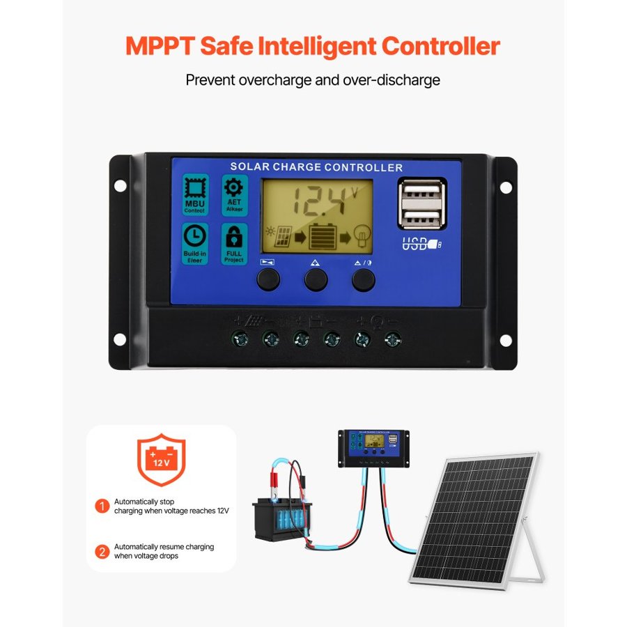 VEVOR 25W 12V Solar Panel Battery Charger, Solar Battery Trickle Charger Maintainer with Intelligent MPPT Controller & Adjustable Mount Bracket, IP67 Waterproof for Car Boat RV Motorcycle Trailer