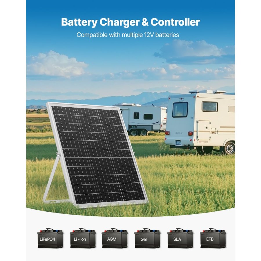 VEVOR 25W 12V Solar Panel Battery Charger, Solar Battery Trickle Charger Maintainer with Intelligent MPPT Controller & Adjustable Mount Bracket, IP67 Waterproof for Car Boat RV Motorcycle Trailer