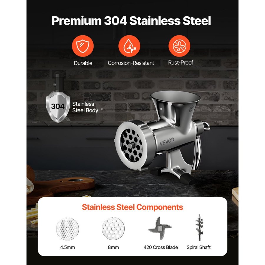 VEVOR Stainless Steel Manual Meat Mincer – #8, 2 Plates