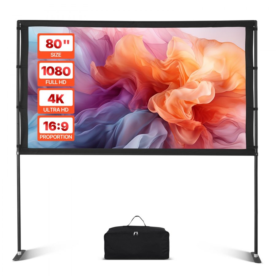 VEVOR Projector Screen with Stand, 80 Inch 160° Wide Angle Indoor Outdoor Projection Screen, 16:9 4K HD Wrinkleless Portable Dual-Stand Screens with Carry Bag, for Movie Home Theater Presentation