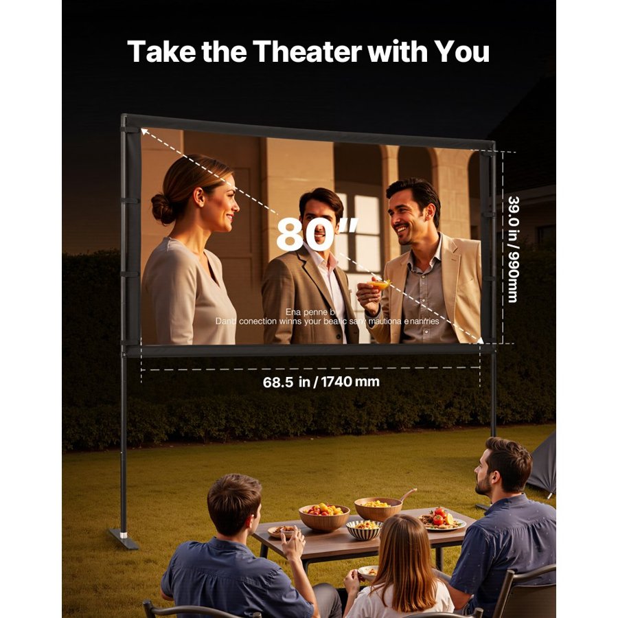 VEVOR Projector Screen with Stand, 80 Inch 160° Wide Angle Indoor Outdoor Projection Screen, 16:9 4K HD Wrinkleless Portable Dual-Stand Screens with Carry Bag, for Movie Home Theater Presentation