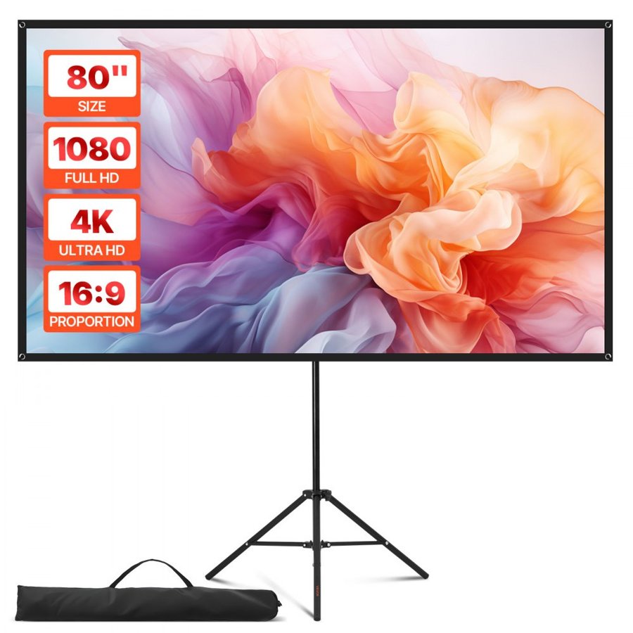 VEVOR Projector Screen with Stand, 80 Inch 160° Wide Angle Indoor Outdoor Projection Screen, 16:9 4K HD Wrinkleless Portable Tripod Screens with Carry Bag, for Movie Home Theater Office Presentation