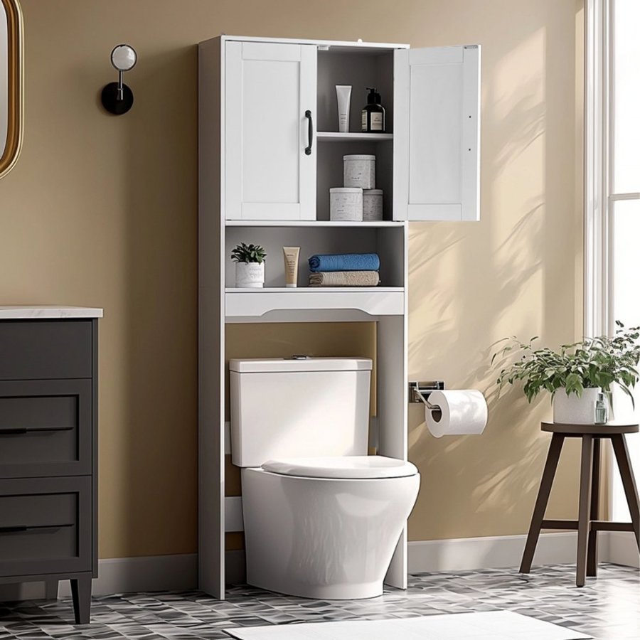 VEVOR Over The Toilet Storage Cabinet, 165.1 cm Height Bathroom Storage Organizer with Double Door and Adjustable Shelf, Bathroom Space Saver Organizer Above Toilet with Open Shelf, White