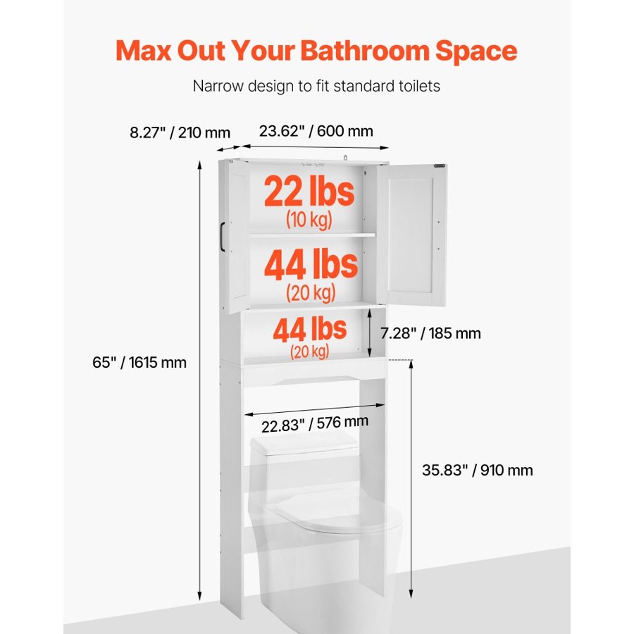 VEVOR Over The Toilet Storage Cabinet, 165.1 cm Height Bathroom Storage Organizer with Double Door and Adjustable Shelf, Bathroom Space Saver Organizer Above Toilet with Open Shelf, White