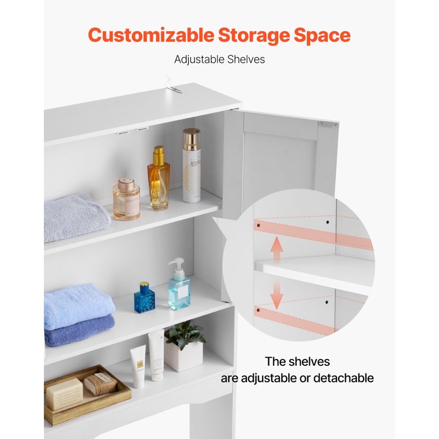 VEVOR Over The Toilet Storage Cabinet, 165.1 cm Height Bathroom Storage Organizer with Double Door and Adjustable Shelf, Bathroom Space Saver Organizer Above Toilet with Open Shelf, White