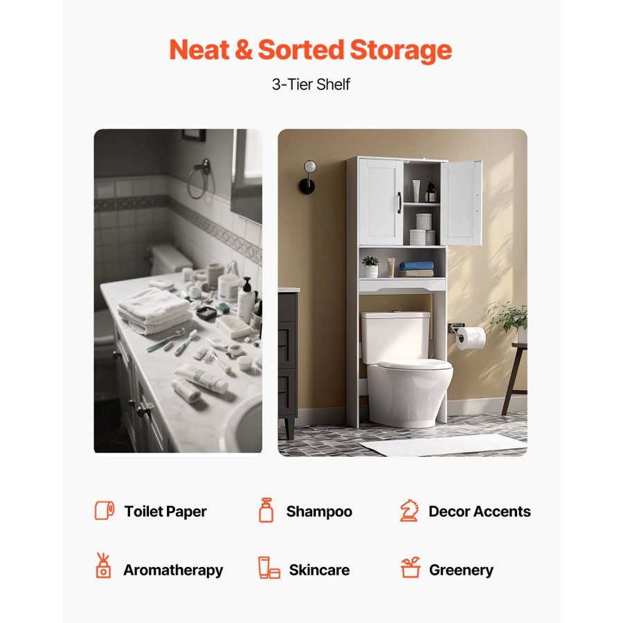 VEVOR Over The Toilet Storage Cabinet, 165.1 cm Height Bathroom Storage Organizer with Double Door and Adjustable Shelf, Bathroom Space Saver Organizer Above Toilet with Open Shelf, White
