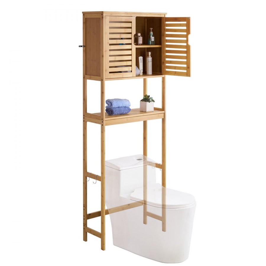 VEVOR Bamboo Over The Toilet Storage Cabinet, 175 cm Height Bathroom Storage Organizer with Double Door & Inner Adjustable Shelf, Bathroom Space Saver Organizer Above Toilet with Open Shelf, Natural
