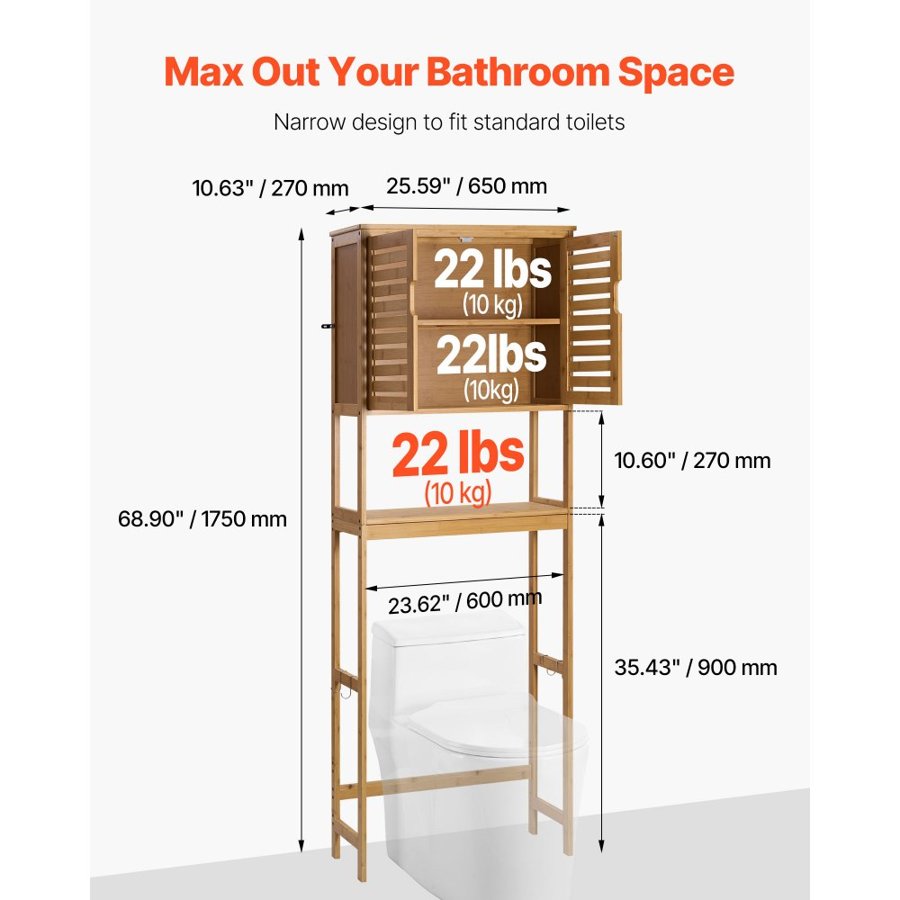 VEVOR Bamboo Over The Toilet Storage Cabinet, 175 cm Height Bathroom Storage Organizer with Double Door & Inner Adjustable Shelf, Bathroom Space Saver Organizer Above Toilet with Open Shelf, Natural