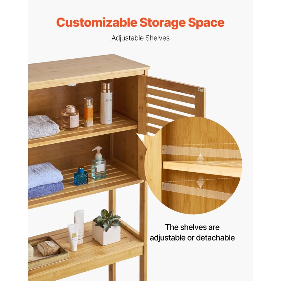 VEVOR Bamboo Over The Toilet Storage Cabinet, 175 cm Height Bathroom Storage Organizer with Double Door & Inner Adjustable Shelf, Bathroom Space Saver Organizer Above Toilet with Open Shelf, Natural