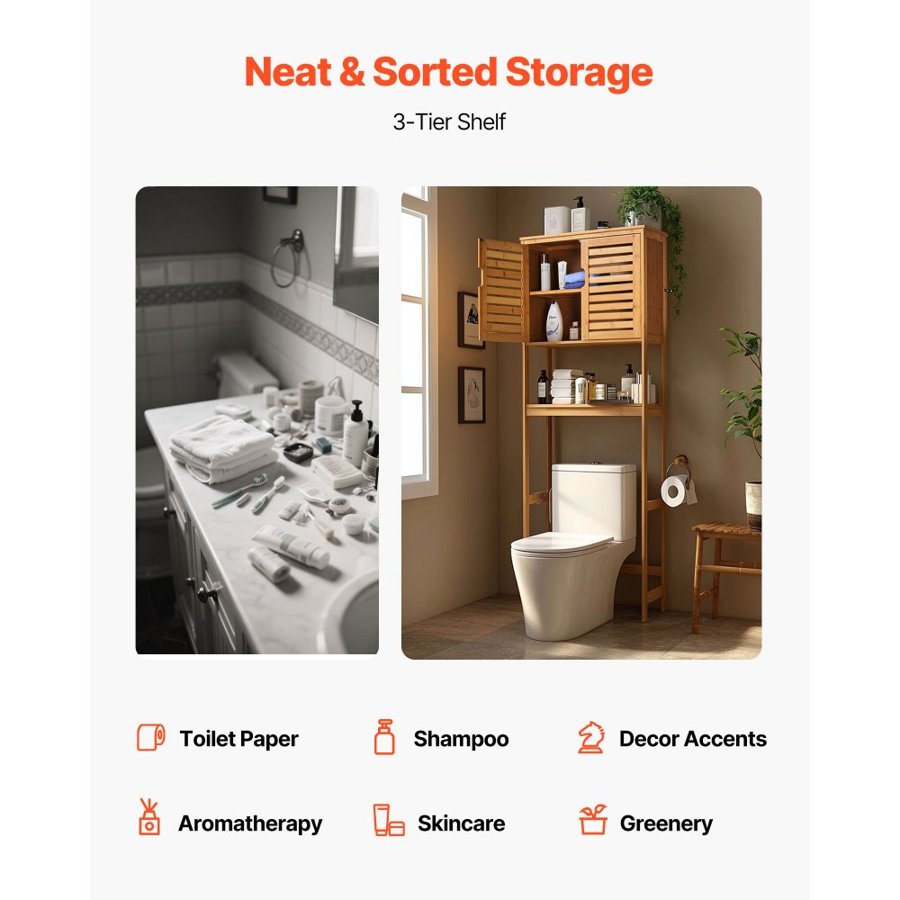 VEVOR Bamboo Over The Toilet Storage Cabinet, 175 cm Height Bathroom Storage Organizer with Double Door & Inner Adjustable Shelf, Bathroom Space Saver Organizer Above Toilet with Open Shelf, Natural