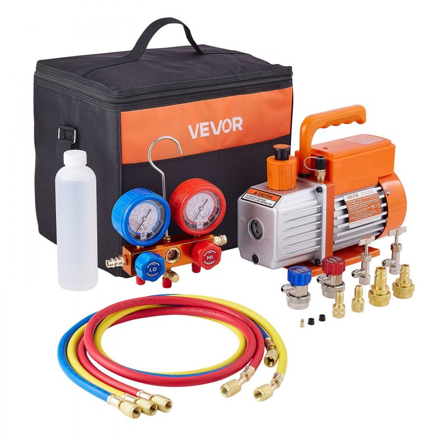 VEVOR 115 L/min AC Vacuum Pump and Gauge Set, Single Stage, Rotary Vane HVAC Air Vacuum Pump, A/C Refrigerant Manifold Gauge Kit, with Leak Detector, Carry Bag, for R134a R22 R410a R1234YF Refrigerant